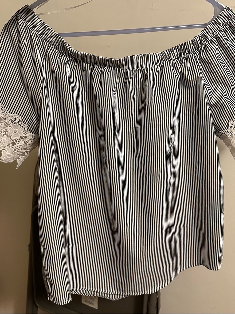 Off-Shoulder White & Blue Striped Top with Lace edged Sleeves
